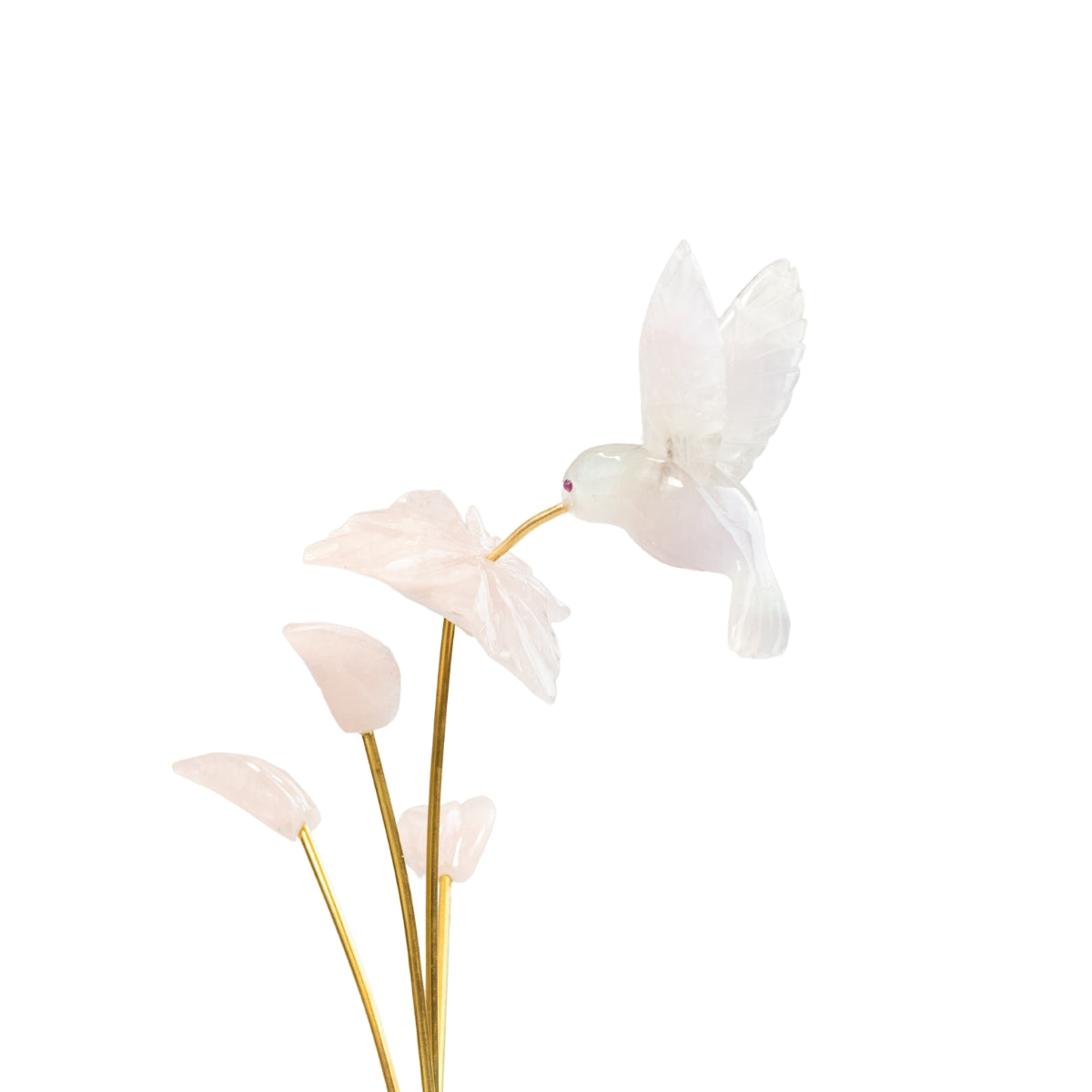 Beija-flor | Esculpido em Quartzo Rosa Flor Lisiantos em Quartzo Rosa Base em Quartzo Rosa
