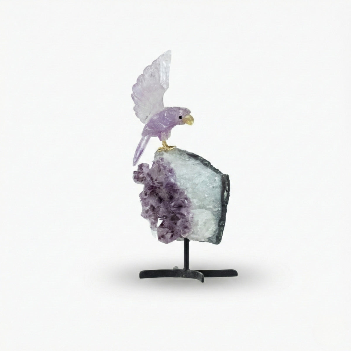 Arara | Esculpida em Ametista na Drusa Quartzo Cristal Base Metal Preto