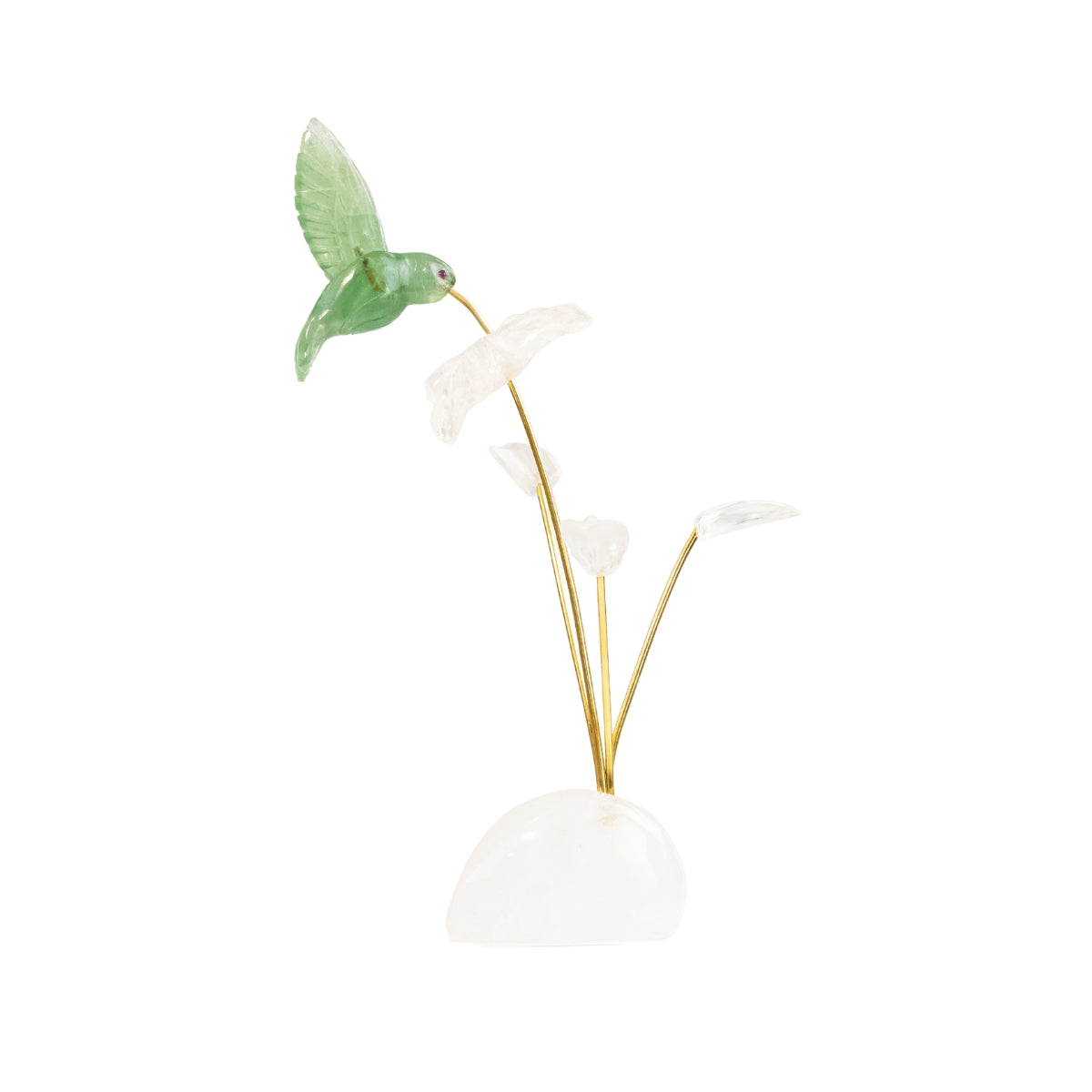 Beija-flor | Esculpido em Fluorita Verde Flor Lisiantos em Quartzo Cristal Base Cristal de Quartzo