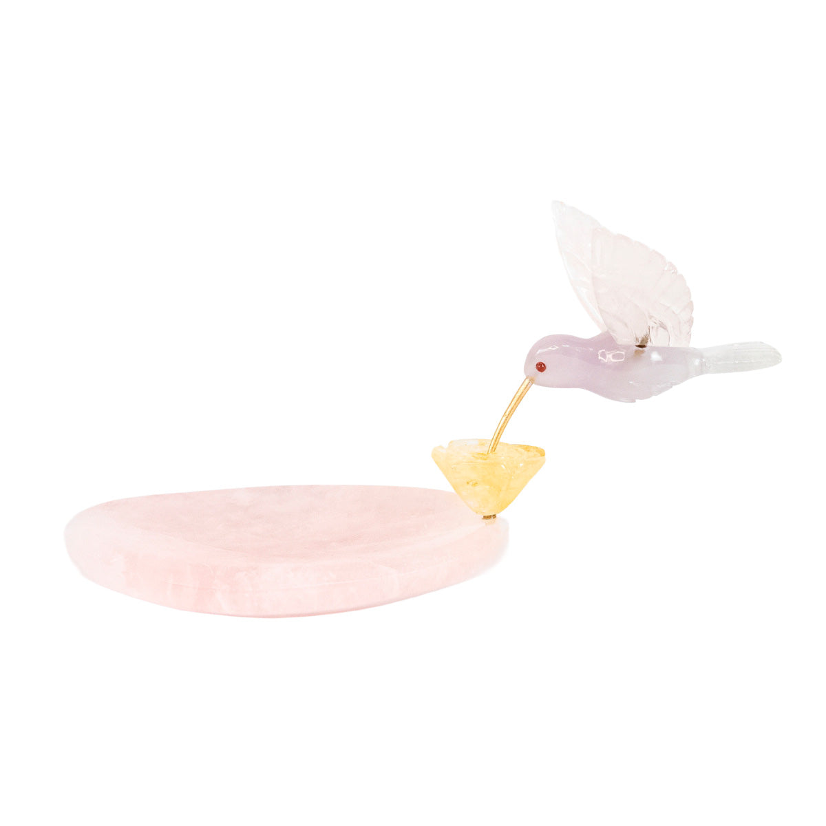 Beija-flor | Esculpido em Quartzo Rosa Opalado Flor Lisiantos em Quartzo Golden Healer Base Quartzo Rosa