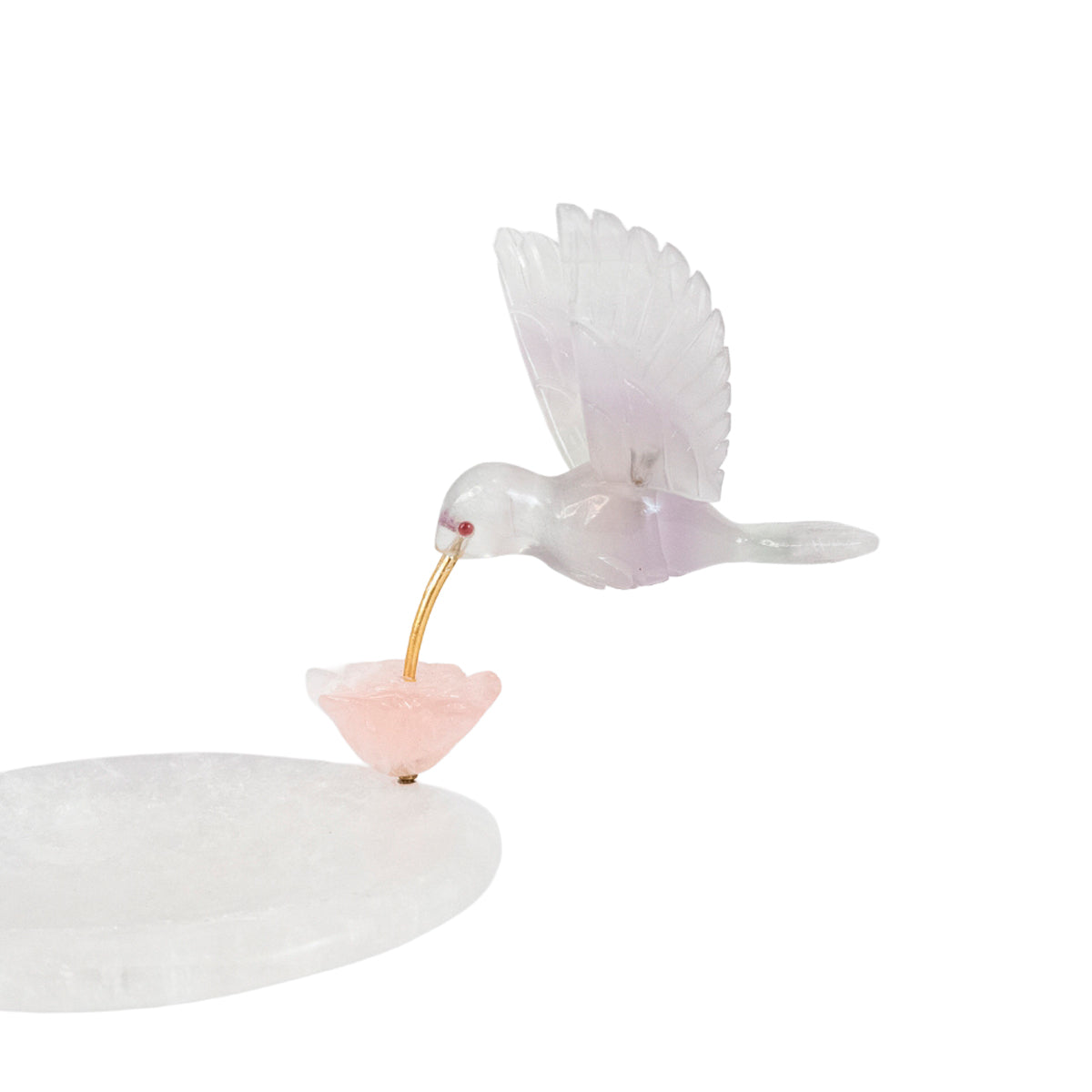 Beija-flor | Esculpido em Quartzo Rosa Opalado Flor Lisiantos em Quartzo Rosa Base Cristal de Quartzo