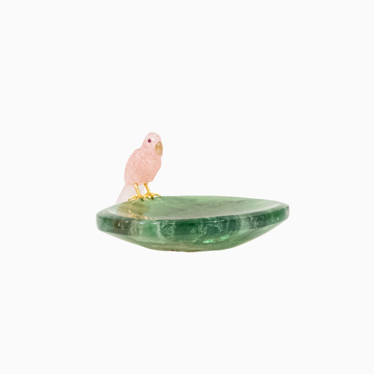 Papagaio | Esculpido em Quartzo Rosa pousando no Bowl em Fluorita Verde