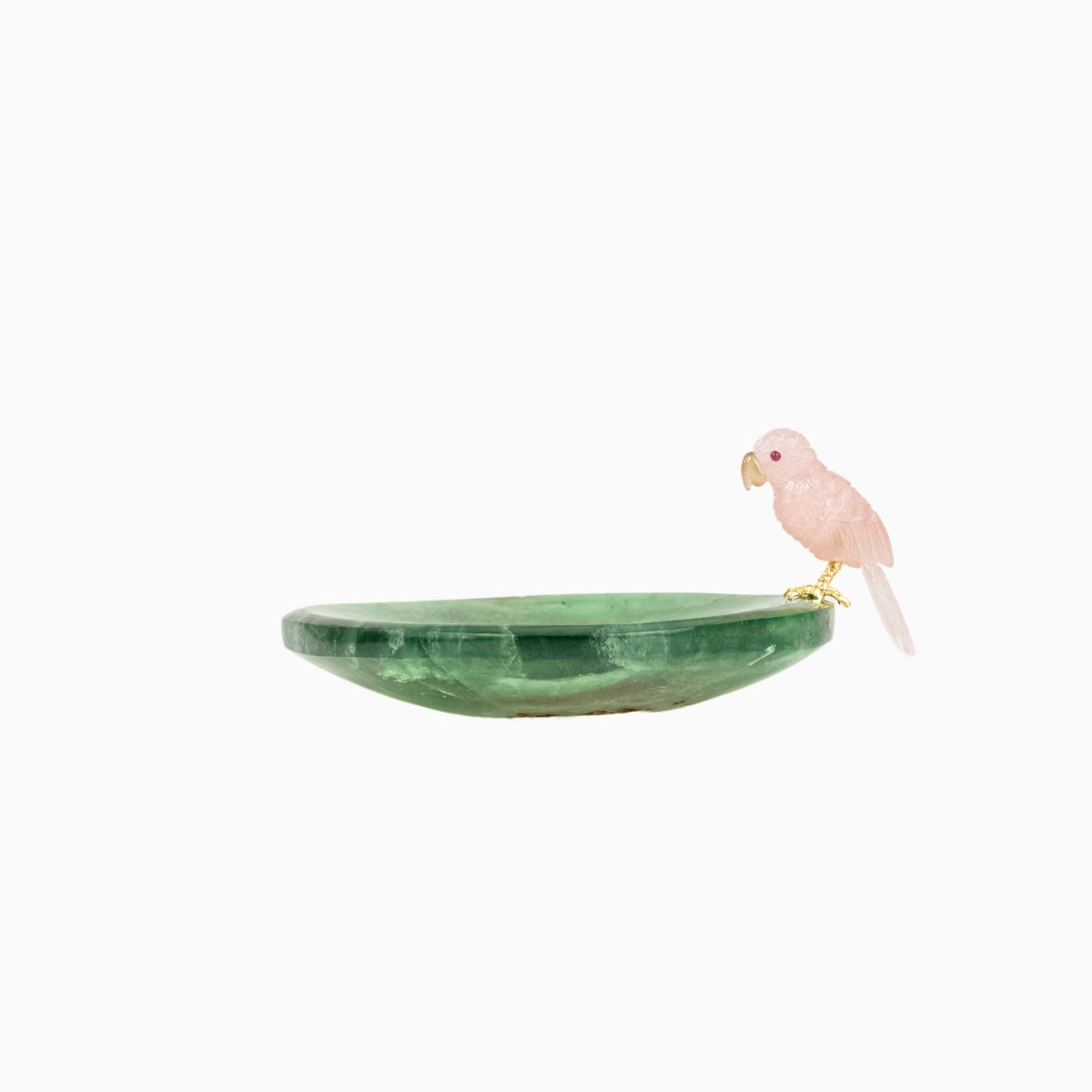 Papagaio | Esculpido em Quartzo Rosa pousando no Bowl em Fluorita Verde