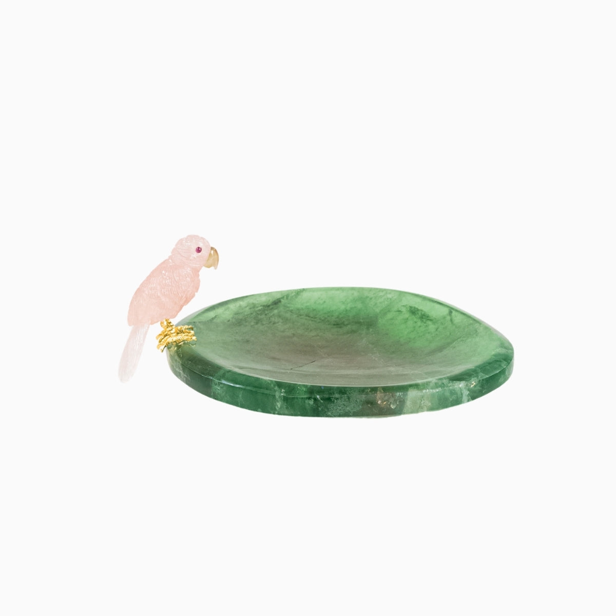 Papagaio | Esculpido em Quartzo Rosa pousando no Bowl em Fluorita Verde