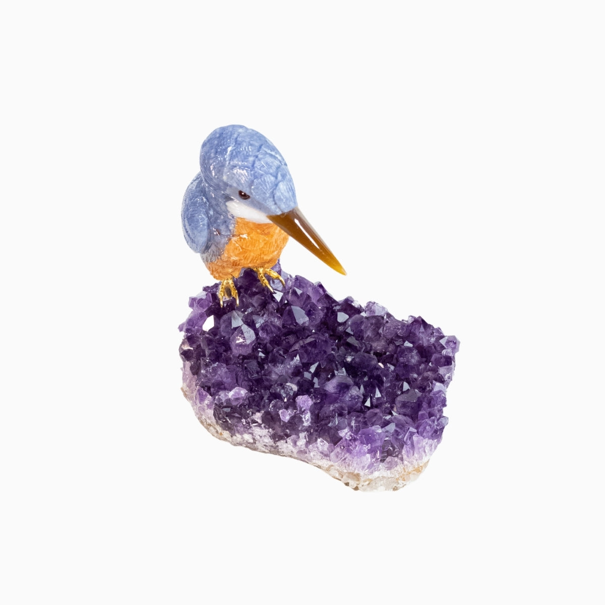 Pássaro Martim-Pescador | Esculpido em Quartzo Azul e Calcita Orquídea Laranja na Drusa de Ametista