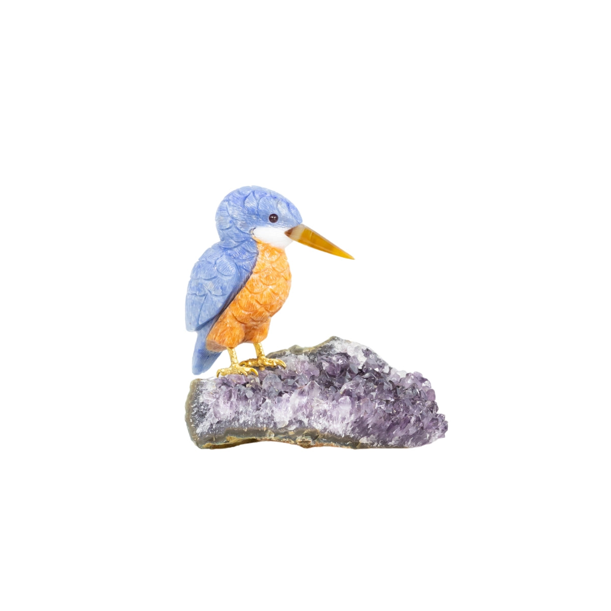 Pássaro Martim-Pescador | Esculpido em Quartzo Azul e Calcita Orquídea Laranja na Drusa de Ametista