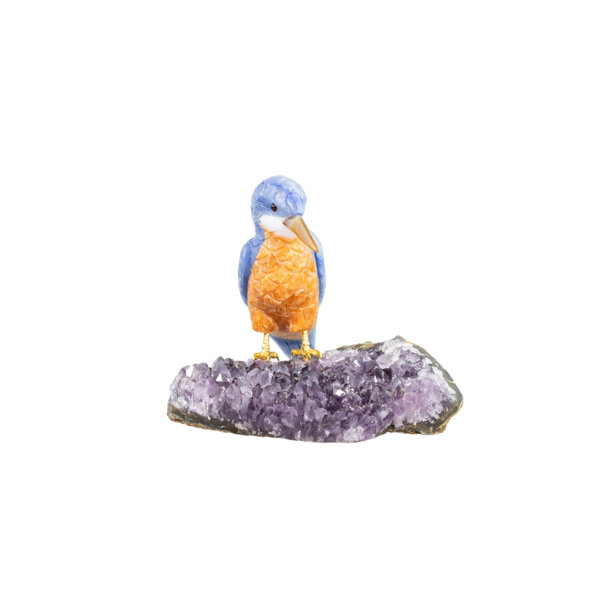 Pássaro Martim-Pescador | Esculpido em Quartzo Azul e Calcita Orquídea Laranja na Drusa de Ametista