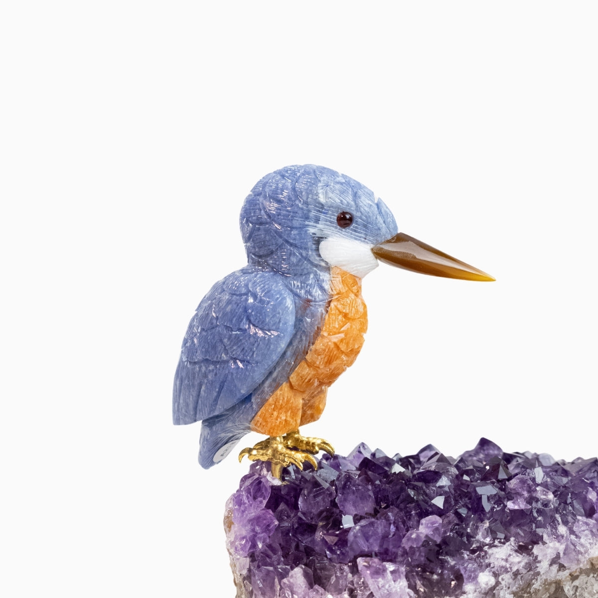 Pássaro Martim-Pescador | Esculpido em Quartzo Azul e Calcita Orquídea Laranja na Drusa de Ametista