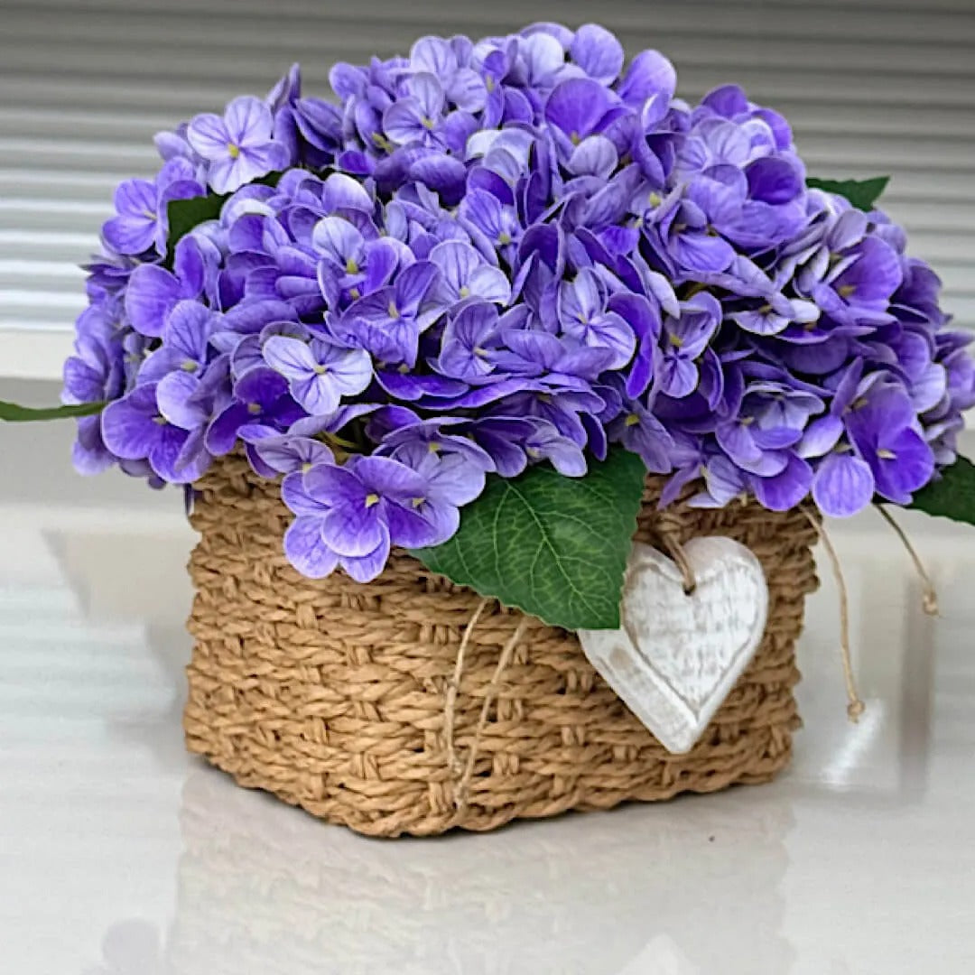 Hortênsias Lilás com Cesto em Vime Natural | Centro de Mesa