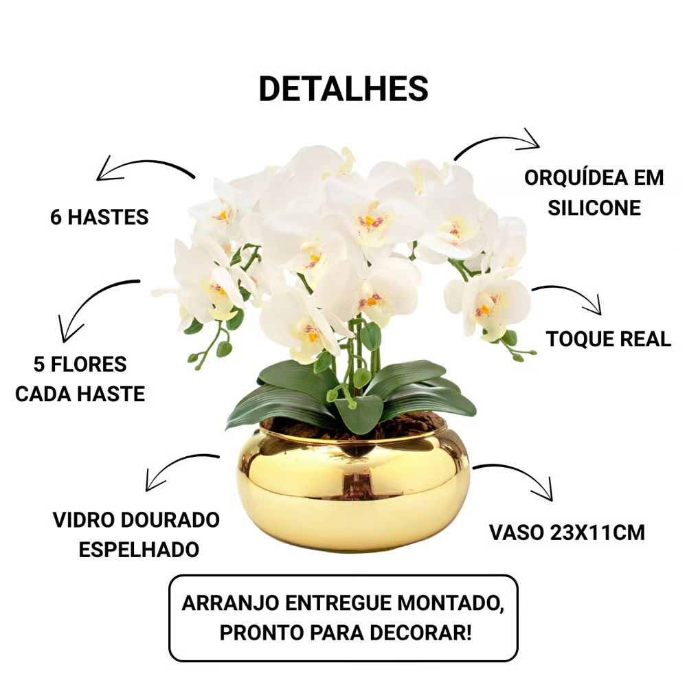 Arranjo Orquídea Paris 6 Hastes Branco Vaso Dourado