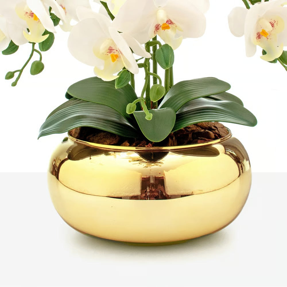 Arranjo Orquídea Paris 6 Hastes Branco Vaso Dourado