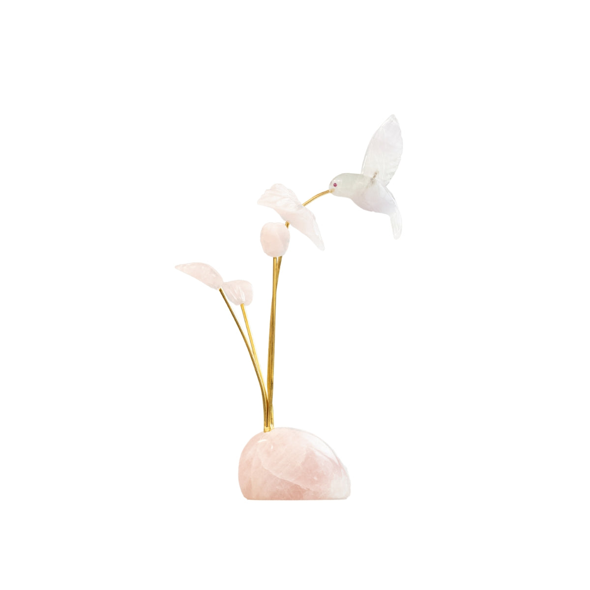Beija-flor | Esculpido em Quartzo Rosa Flor Lisiantos em Quartzo Rosa Base em Quartzo Rosa
