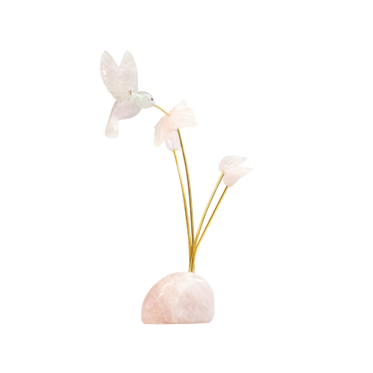 Beija-flor | Esculpido em Quartzo Rosa Flor Lisiantos em Quartzo Rosa Base em Quartzo Rosa