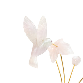 Beija-flor | Esculpido em Quartzo Rosa Flor Lisiantos em Quartzo Rosa Base em Quartzo Rosa