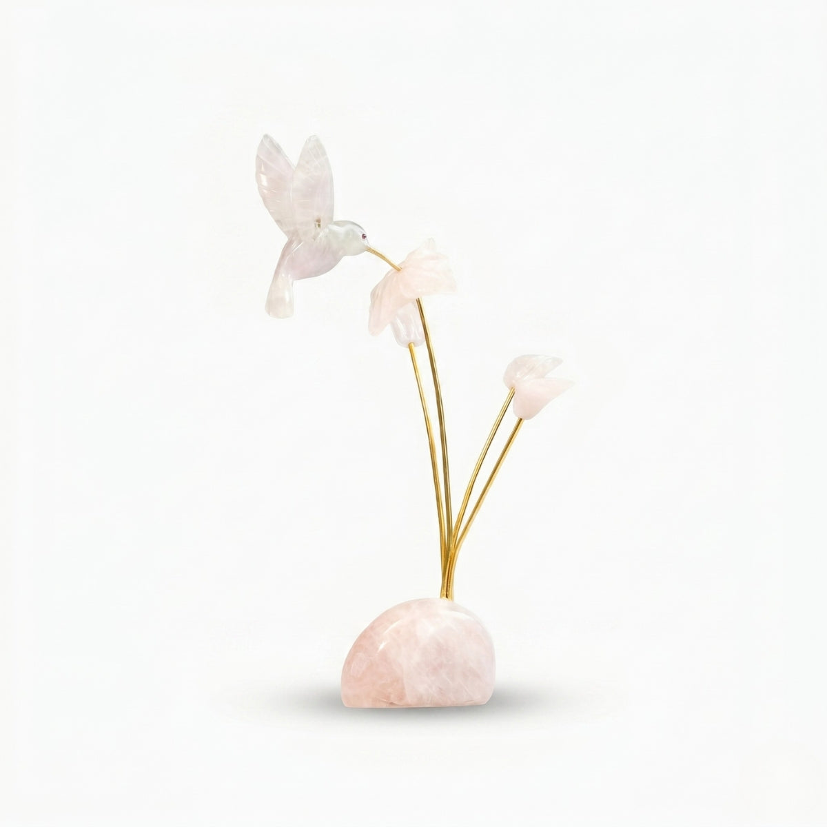 Beija-flor | Esculpido em Quartzo Rosa Flor Lisiantos em Quartzo Rosa Base em Quartzo Rosa