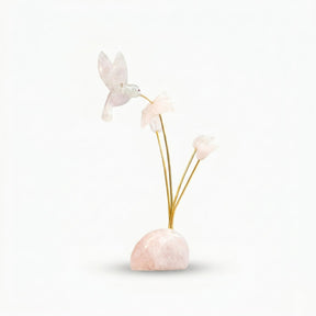 Beija-flor | Esculpido em Quartzo Rosa Flor Lisiantos em Quartzo Rosa Base em Quartzo Rosa