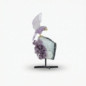 Arara |  Esculpida em Ametista na Drusa Quartzo Cristal Base Metal Preto