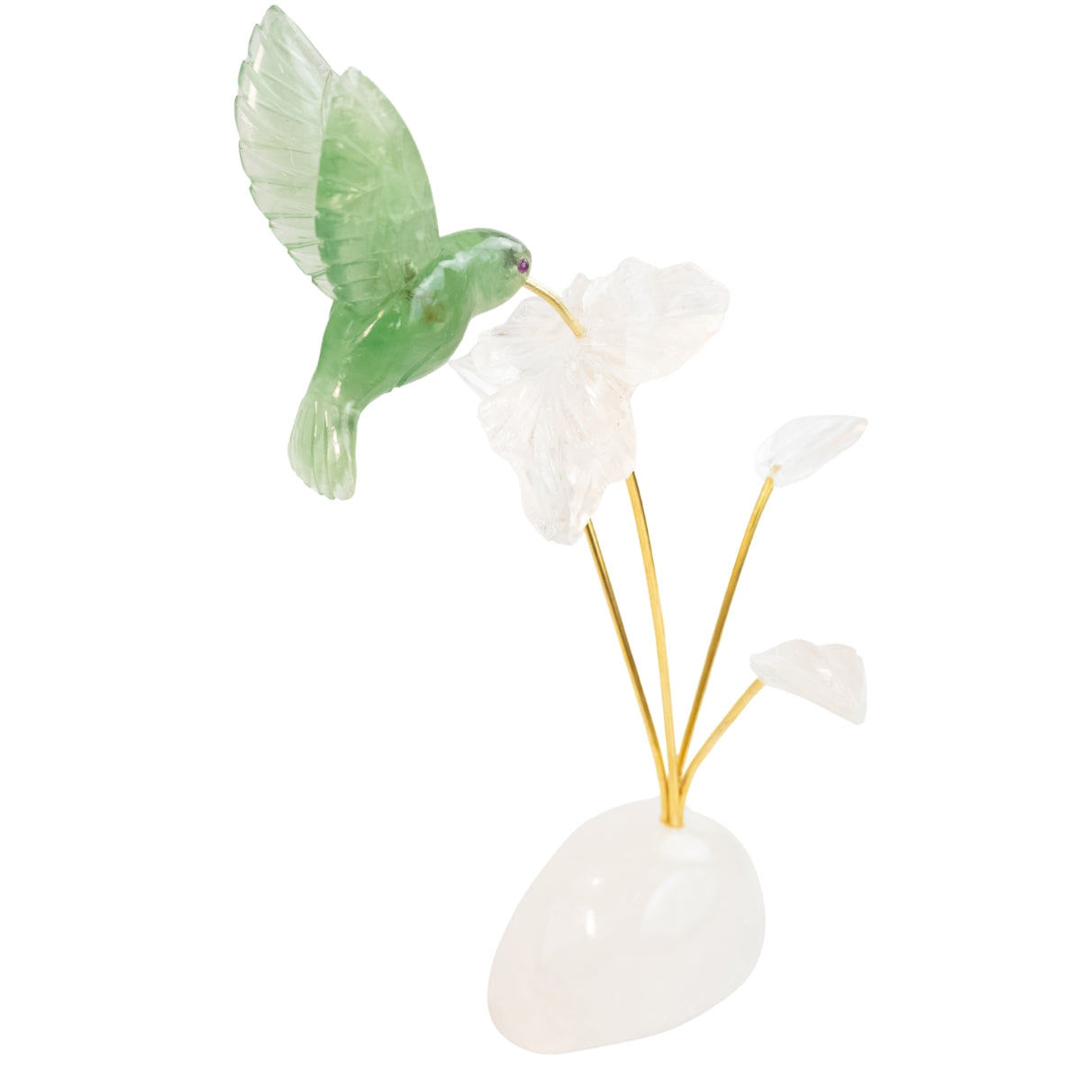 Beija-flor |  Esculpido  em Fluorita Verde Flor Lisiantos em Quartzo Cristal Base Cristal de Quartzo