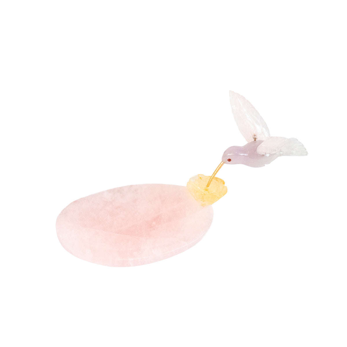 Beija-flor  | Esculpido em Quartzo Rosa Opalado Flor Lisiantos em Quartzo Golden Healer Base Quartzo Rosa