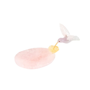 Beija-flor  | Esculpido em Quartzo Rosa Opalado Flor Lisiantos em Quartzo Golden Healer Base Quartzo Rosa