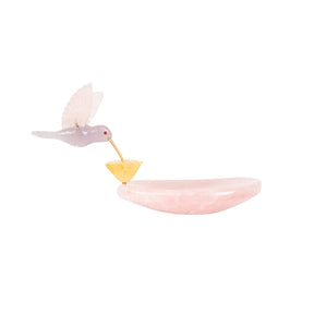 Beija-flor  | Esculpido em Quartzo Rosa Opalado Flor Lisiantos em Quartzo Golden Healer Base Quartzo Rosa