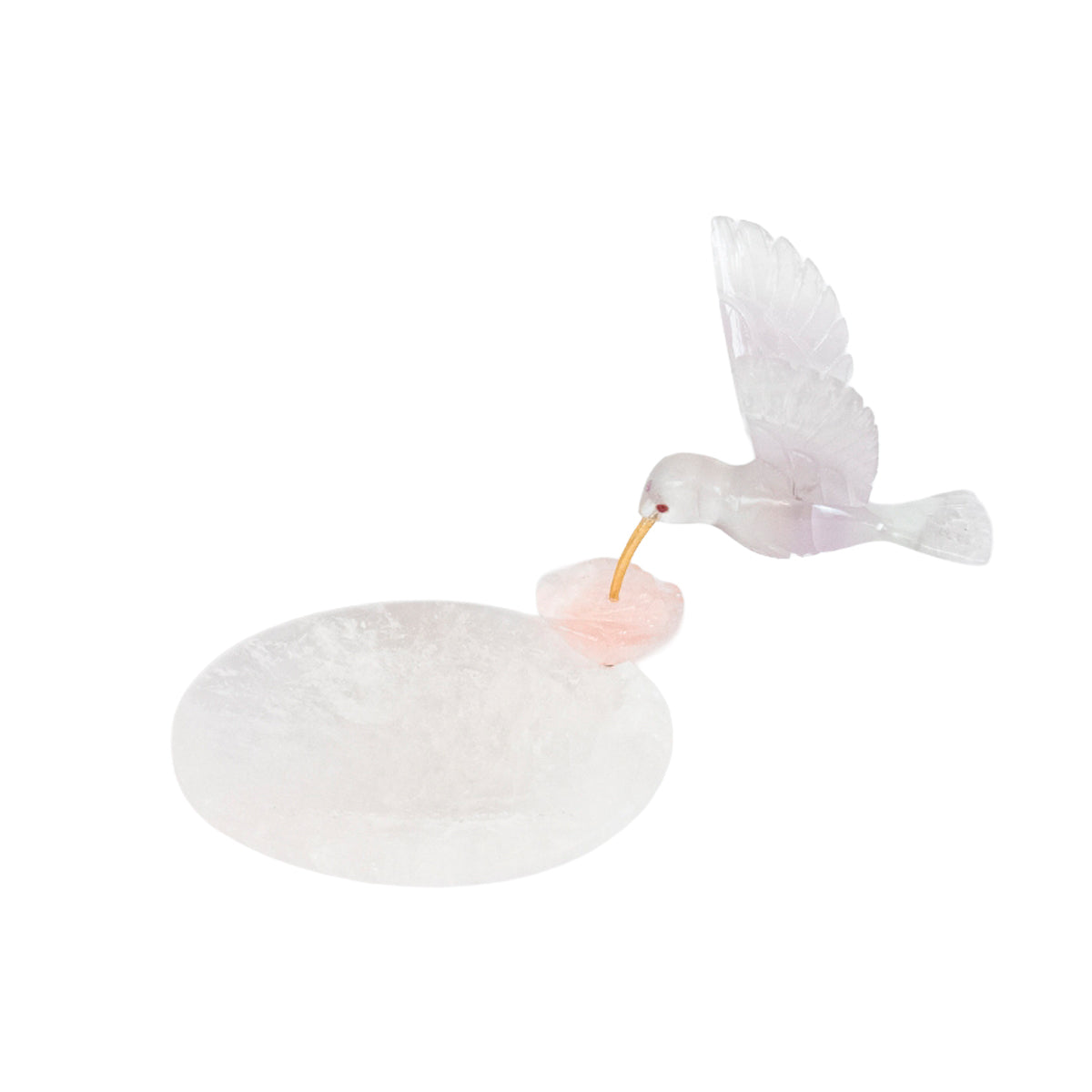 Beija-flor | Esculpido em Quartzo Rosa Opalado Flor Lisiantos em Quartzo Rosa Base Cristal de Quartzo