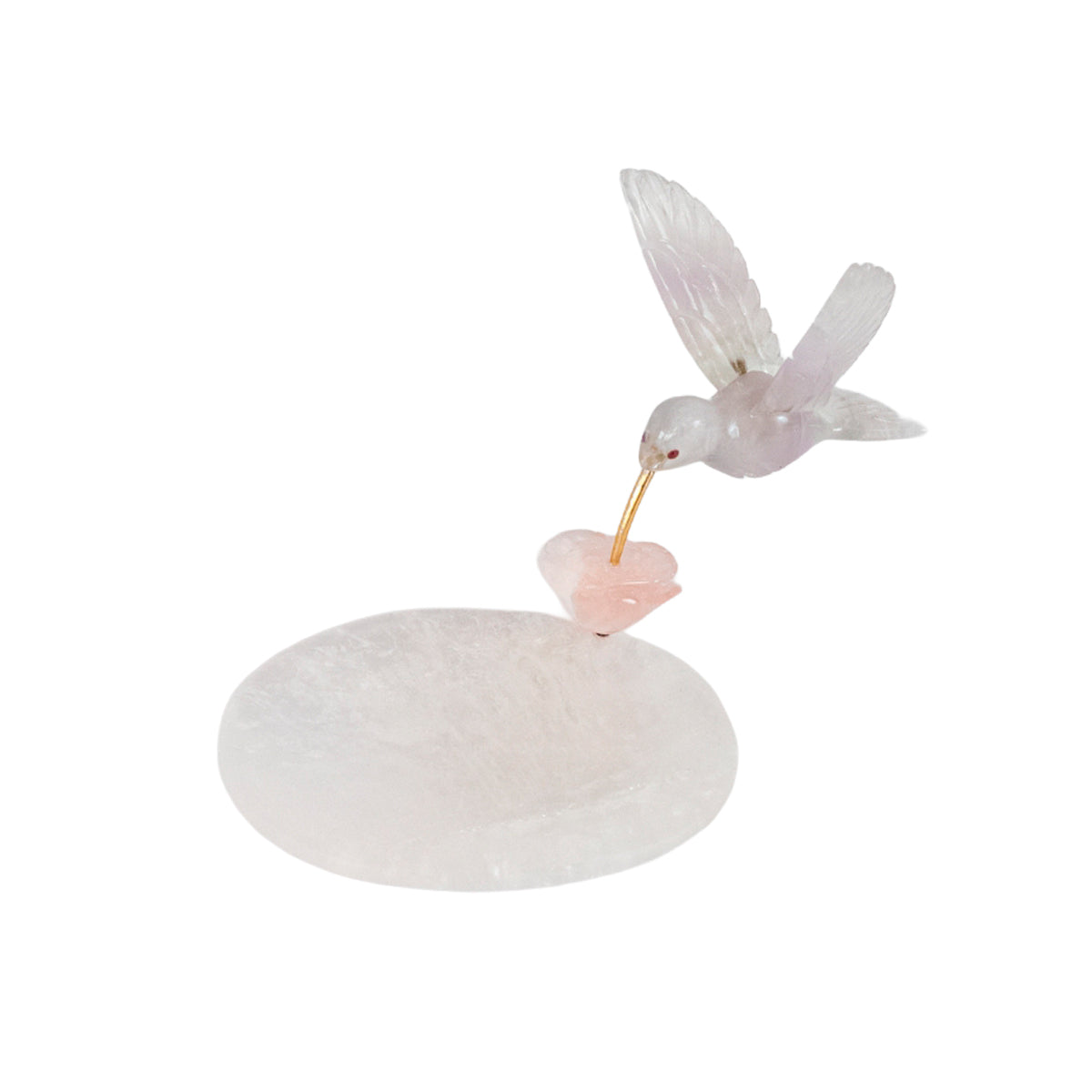 Beija-flor | Esculpido em Quartzo Rosa Opalado Flor Lisiantos em Quartzo Rosa Base Cristal de Quartzo