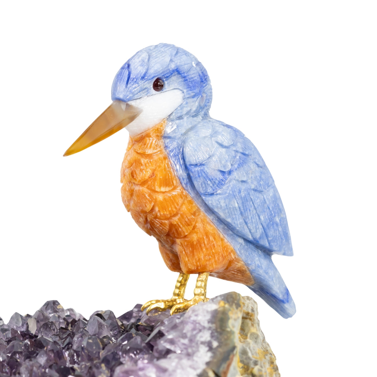 Pássaro Martim-Pescador |  Esculpido em Quartzo Azul e Calcita Orquídea Laranja na Drusa de Ametista