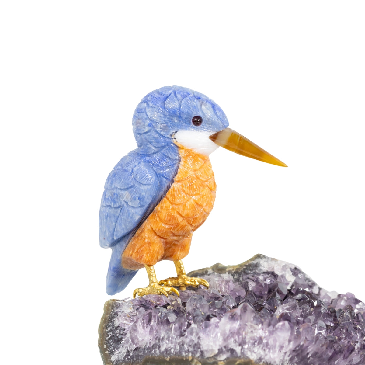 Pássaro Martim-Pescador |  Esculpido em Quartzo Azul e Calcita Orquídea Laranja na Drusa de Ametista