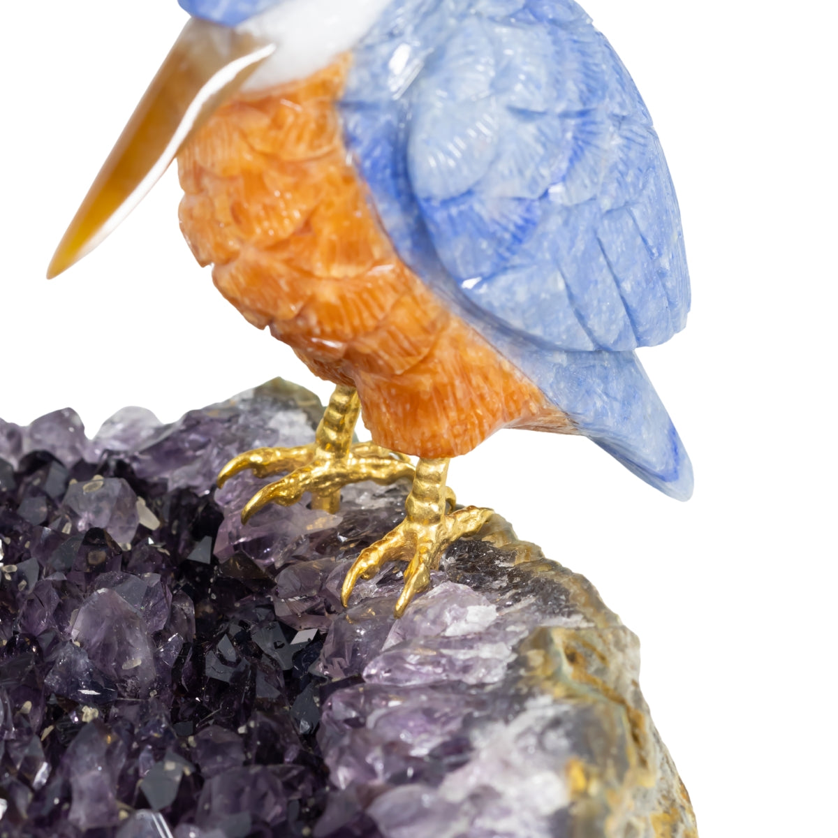 Pássaro Martim-Pescador |  Esculpido em Quartzo Azul e Calcita Orquídea Laranja na Drusa de Ametista