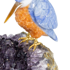 Pássaro Martim-Pescador |  Esculpido em Quartzo Azul e Calcita Orquídea Laranja na Drusa de Ametista