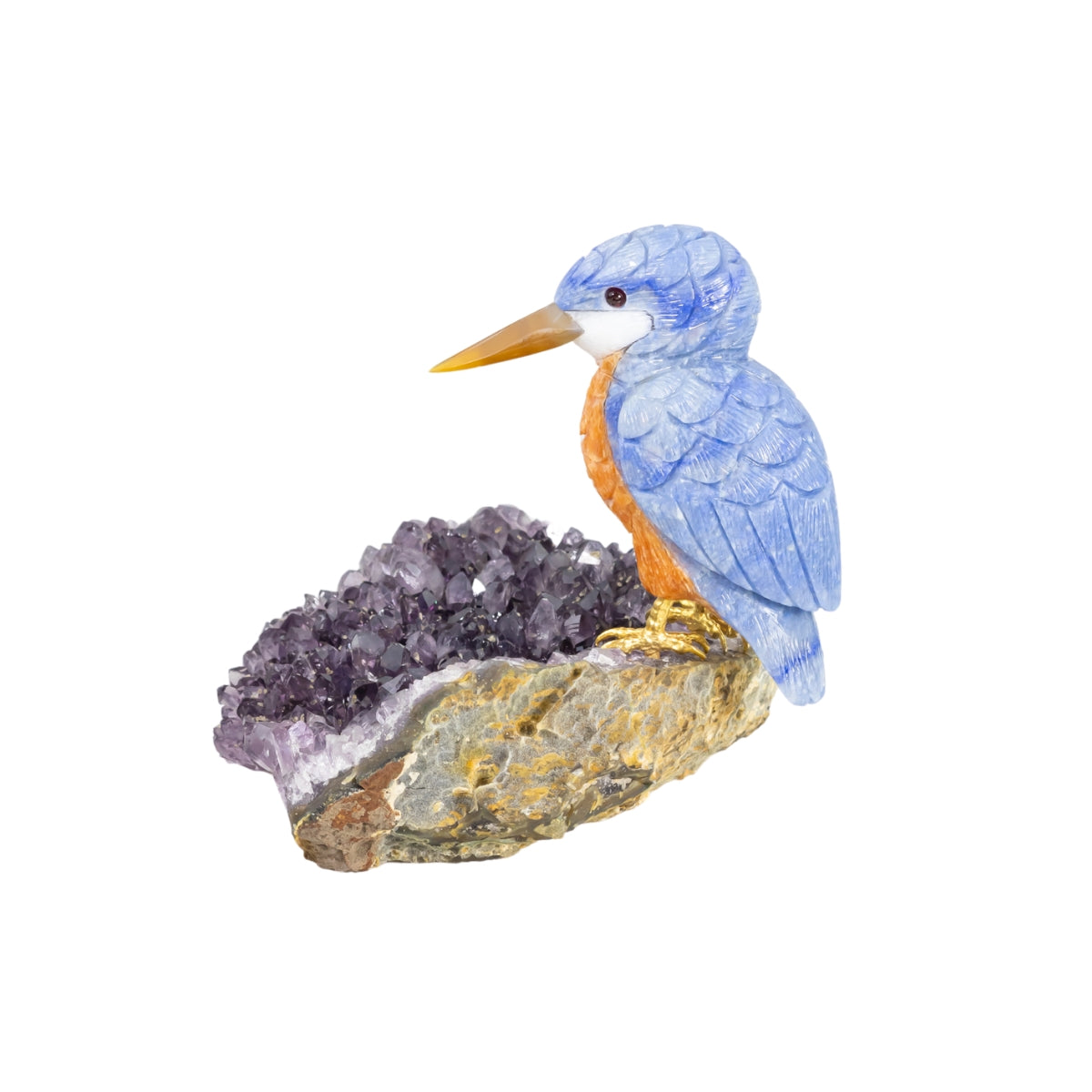 Pássaro Martim-Pescador |  Esculpido em Quartzo Azul e Calcita Orquídea Laranja na Drusa de Ametista
