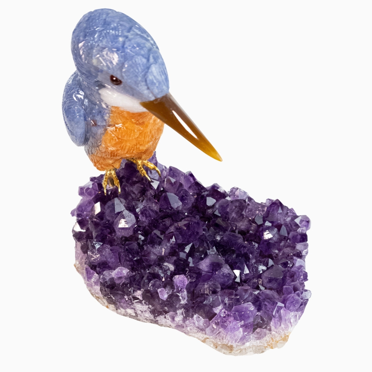 Pássaro Martim-Pescador |  Esculpido em Quartzo Azul e Calcita Orquídea Laranja na Drusa de Ametista