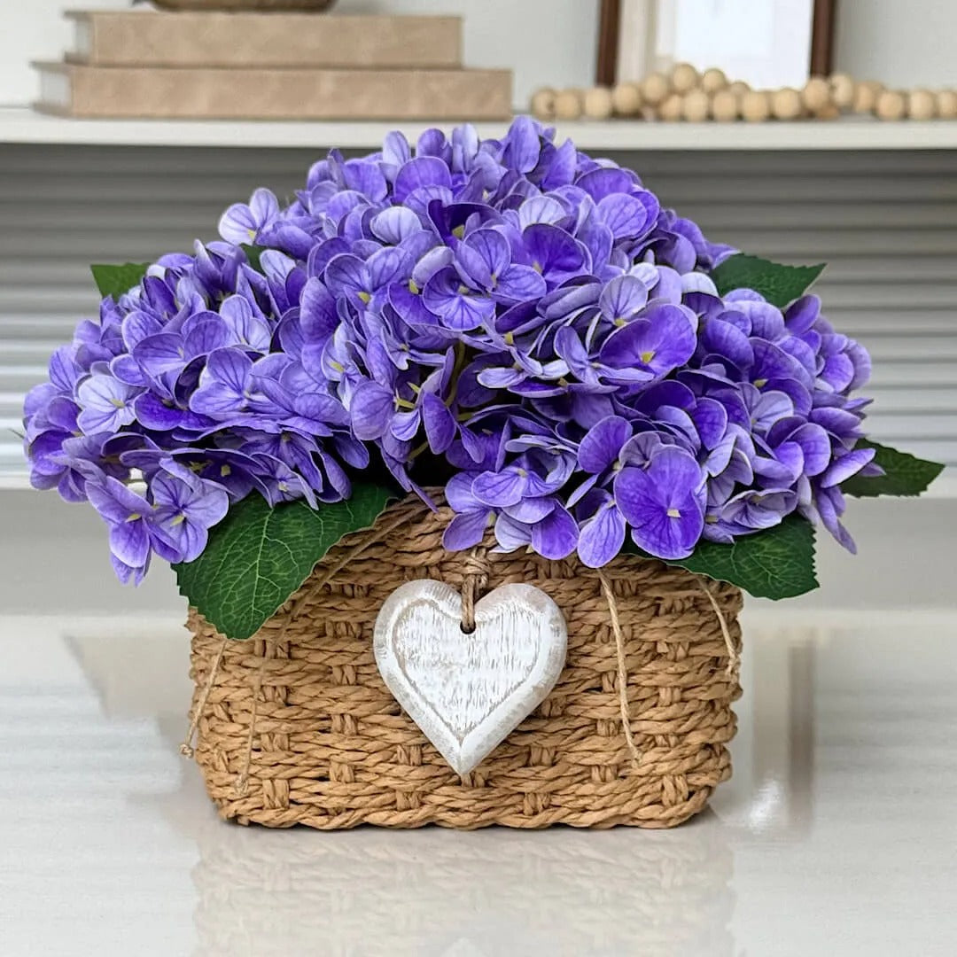 Hortênsias Lilás com Cesto em Vime Natural | Centro de Mesa