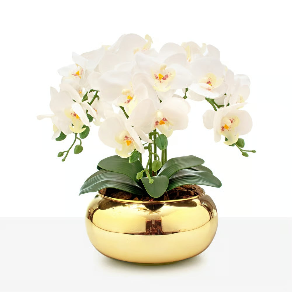Arranjo Orquídea Paris 6 Hastes Branco Vaso Dourado