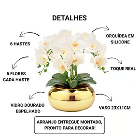 Arranjo Orquídea Paris 6 Hastes Branco Vaso Dourado