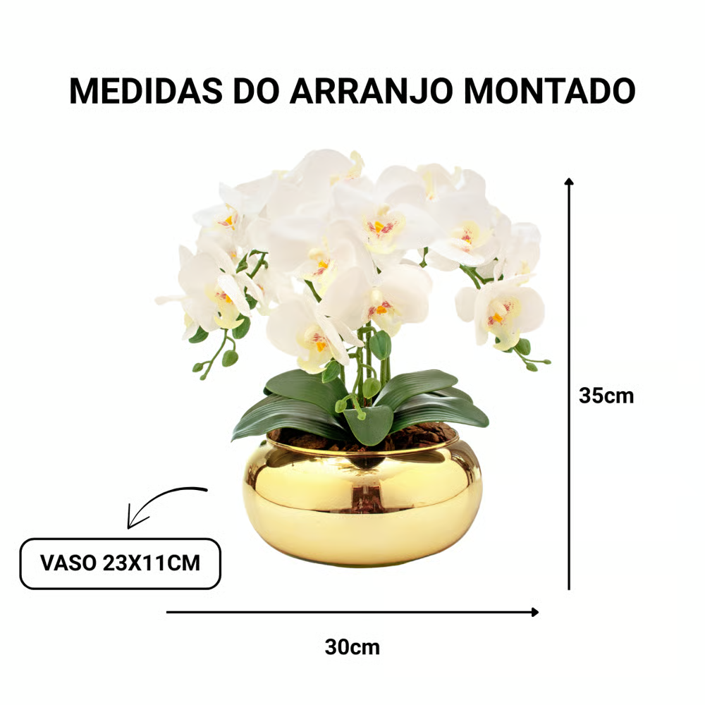 Arranjo Orquídea Paris 6 Hastes Branco Vaso Dourado