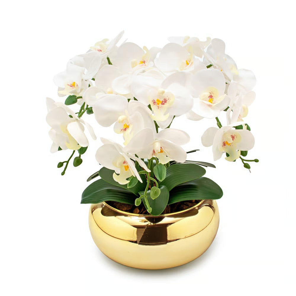 Arranjo Orquídea Paris 6 Hastes Branco Vaso Dourado
