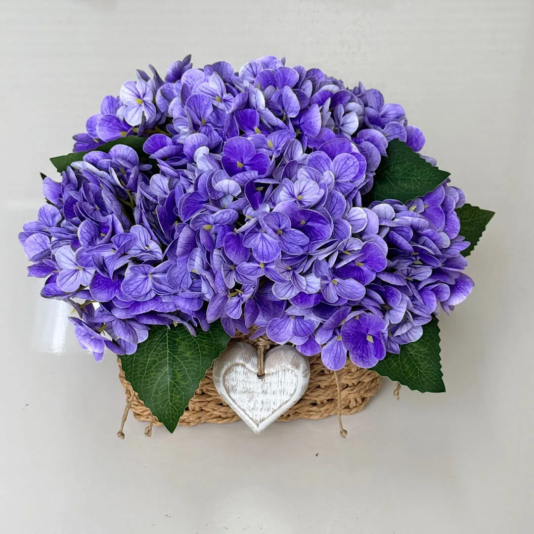 Hortênsias Lilás com Cesto em Vime Natural | Centro de Mesa