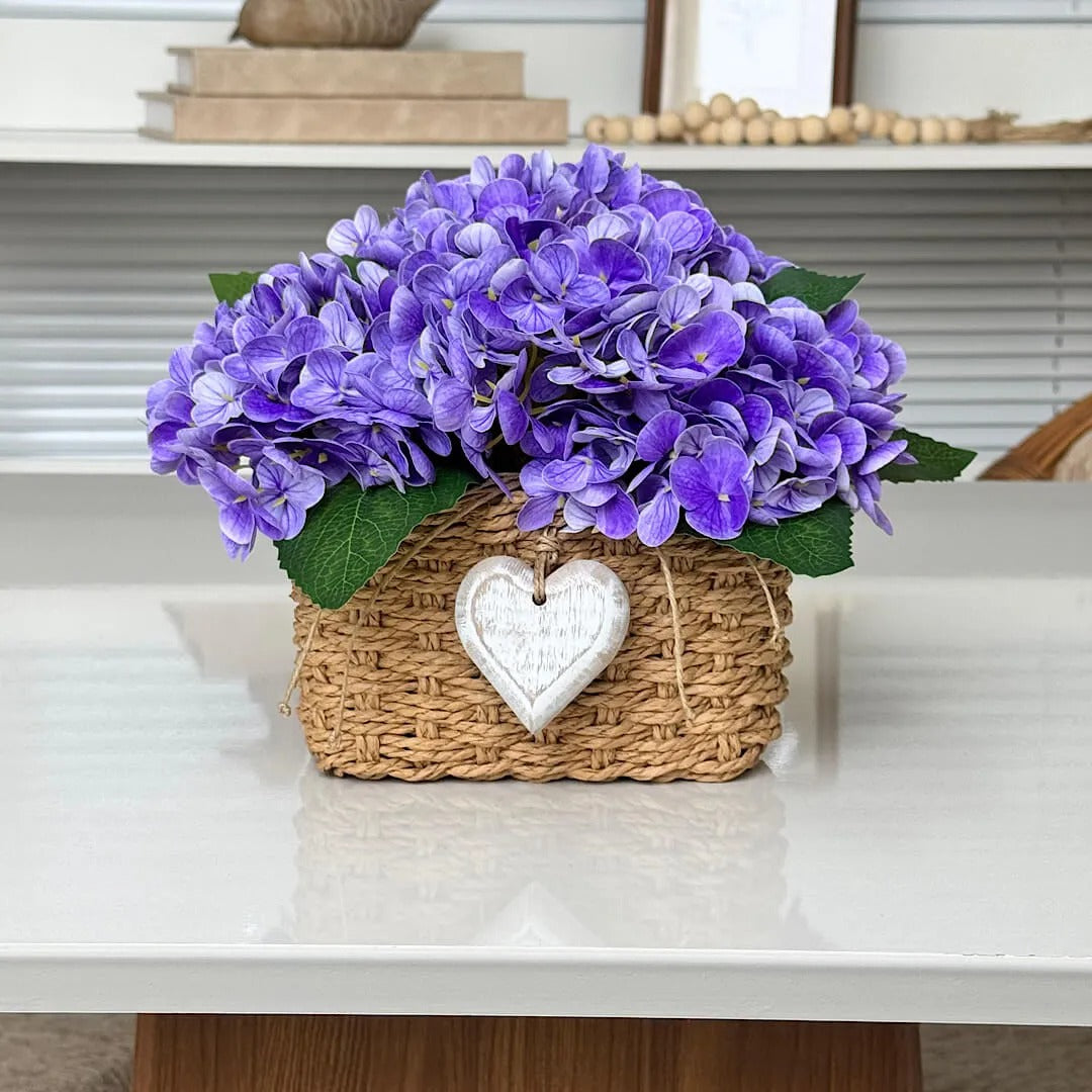 Hortênsias Lilás com Cesto em Vime Natural | Centro de Mesa